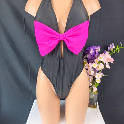 Maillot de bain 1 pièce noir & nœud rose fuchsia, ultra féminin – Neuf Taille L (38/40)